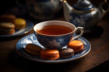 A delicious cup of tea and saucer with macaroon biscuits on the side and teapot in the background. Generative AI.