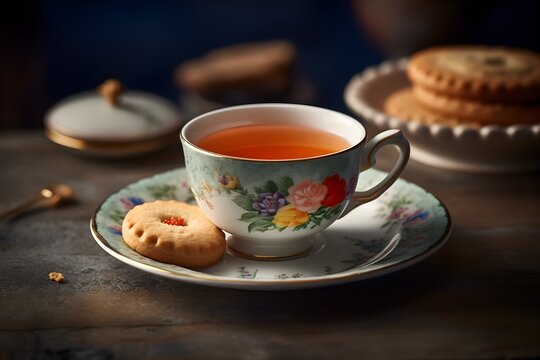 A delicious cup of hot tea with a jam biscuit on the side. A beautiful design is on the cup and saucer. Generative AI.