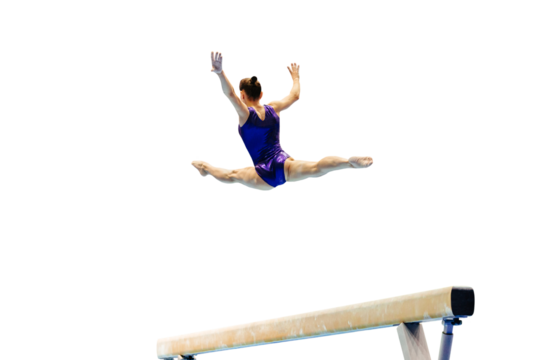 woman gymnast exercise split jump in balance beam gymnastics, olympic sports in summer games