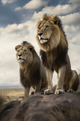 Photorealistic Image of The Kings of the Savannah, Two Lion Brothers with Large Manes Sitting on a Rock, Created with Generative AI