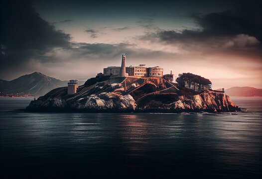 Alcatraz Island in San Francisco's skyline. Generative AI