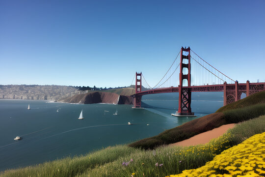 Golden Gate Bridge on a fine spring day shot from Fort Point viewpoint in San Francisco, California.