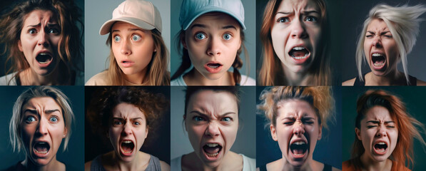 A collage of portraits of women with emotions on their faces. A large set of portraits of screaming, frightened, surprised and laughing women. Emotional facial expression of a woman. Generative AI