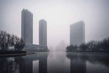 Hangzhou China centrum city in fog , generative artificial intelligence