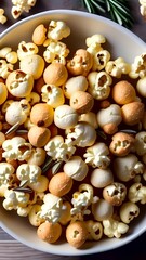 Obraz na płótnie Canvas Homemade popcorn with rosemary and parmesan - generative ai