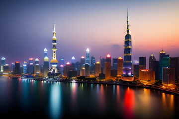 Obraz premium Oriental tower night scene with motion of boat moving