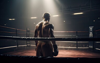 Fototapeta na wymiar Boxing champion standing on arena. Rear view of shirtless man in boxing gloves. Muscular build concept. Generative Ai.