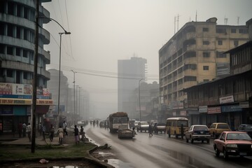 Kinshasa Democratic Republic of the Congo centrum city in fog, generative artificial intelligence

