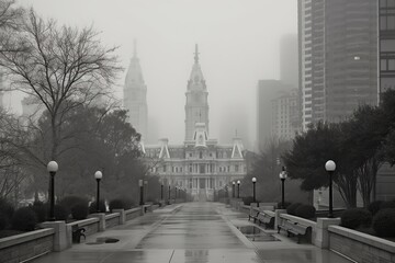 Fototapeta na wymiar Philadelphia United States centrum city in fog , generative artificial intelligence