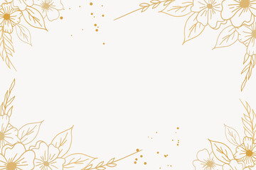 Elegant golden floral background with hand drawn flowers and leaves border