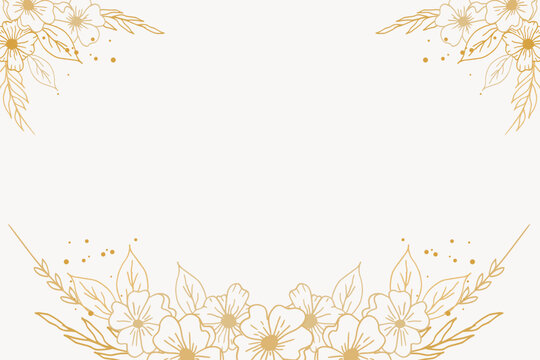 Elegant golden floral background with hand drawn flowers and leaves border