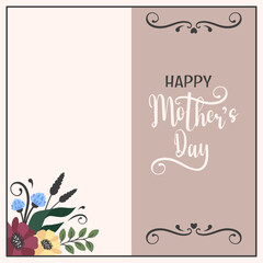 Happy Mother's day. Vertical pink frame with blooming wildflowers and hand draw lettering. Pink greeting card template decorated by vintage elements. Vector flat illustration for spring holidays