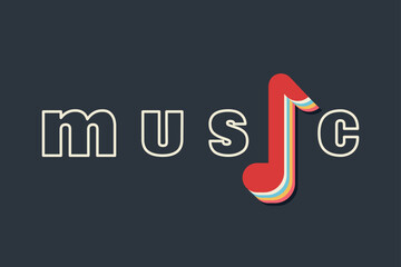 Slogan Music handwritten by creative minimalist font with color note. Phrase of Music with linear letters. Modern trendy lettering. Vector illustration for print, textile, sweatshirt, t-shirt, bags