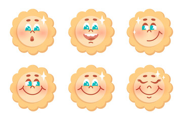Set of cute smiling sunes with cartoon face. Collection of icon for print, decoration, cover, weather design, children's products, toys. Vector isolated illustration.