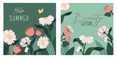 Square floral greeting card with beautiful flowers, leaves, blooms, herbal plants, wildflowers. Floristic background. Floral template. Vector flat illustration