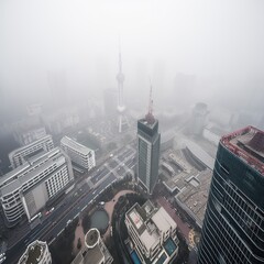  Shanghai China centrum city in fog , generative artificial intelligence