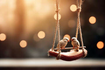 pair of lovebirds perched on a swing, copyspace, room for text (Generative AI)