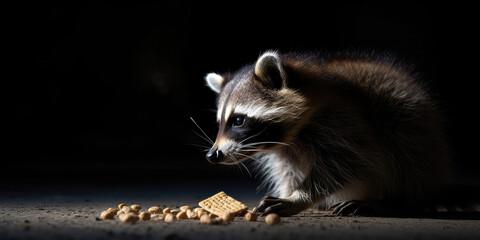 raccoon enjoying a midnight snack, copyspace, room for text (Generative AI)