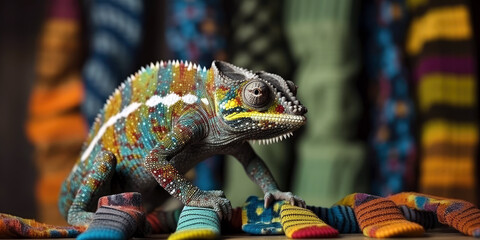 chameleon trying on various patterned socks, copyspace, room for text (Generative AI) - obrazy, fototapety, plakaty