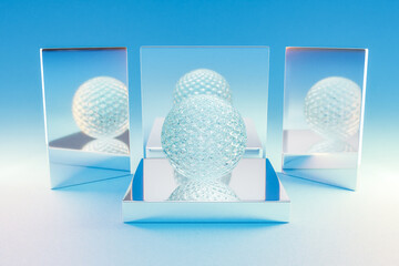 silver metal podium with glas crystal sphere ball on infinite background; pedestal for beauty, cosmetic product presentation. copy space template, 3D Illustration