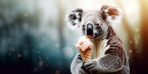 Obraz premium koala bear enjoying an ice cream cone, copyspace, room for text (Generative AI)