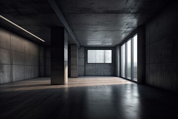 an empty modern room with floor-to-ceiling windows and concrete walls. Generative AI