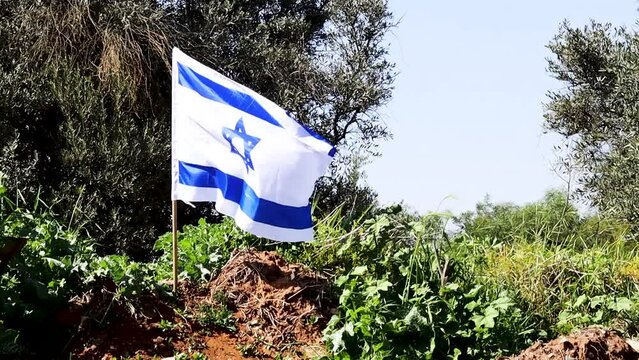 Close up Israeli Flag waving on nature, HD Slow Motion Video. Concept of Israeli Memorial Day, Israel Independence Day, State of Israel