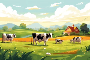 Fototapeten Cows grazing on a farm with sunlight, farm landscape illustration with generative ai © Mustafa