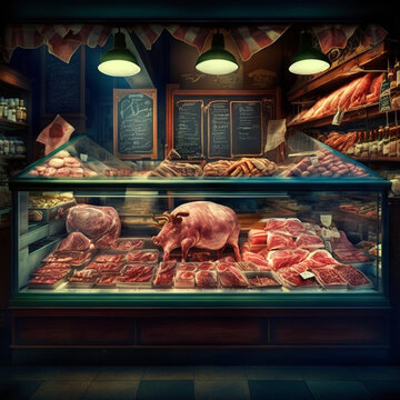 Showcase of a butcher shop. Generative AI.