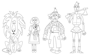 Lion, girl holding dog in her arms, Scarecrow and Tin Man. Сharacters of fairy tale “The Wonderful Wizard of Oz”. Coloring page