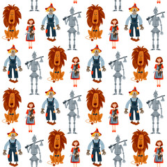 Lion, girl holding dog in her arms, Scarecrow and Tin Man. Сharacters of fairy tale “The Wonderful Wizard of Oz”. Seamless background pattern
