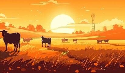 Cows grazing on a farm with sunlight, farm landscape illustration with generative ai
