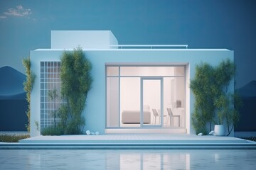 modern house with a swimming pool and outdoor patio area. Generative AI