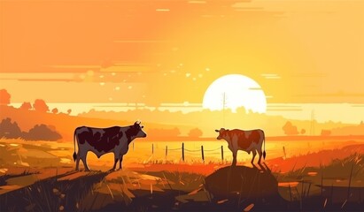 Fototapeta na wymiar Cows grazing on a farm with sunlight, farm landscape illustration with generative ai