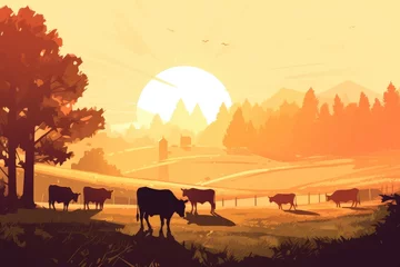 Fotobehang Warm oranje Cows grazing on a farm with sunlight, farm landscape illustration with generative ai