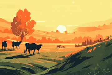 Fototapeta na wymiar Cows grazing on a farm with sunlight, farm landscape illustration with generative ai