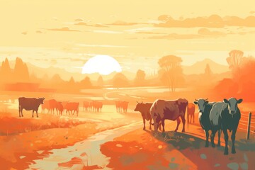 Naklejka premium Cows grazing on a farm with sunlight, farm landscape illustration with generative ai
