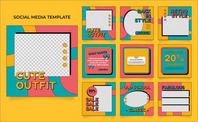 social media template banner fashion sale promotion in retro colorful color. fully editable instagram and facebook square post frame puzzle organic sale poster