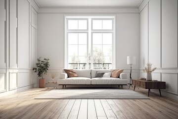 Fototapeta na wymiar modern white living room with wooden flooring and a minimalist white couch. Generative AI