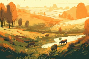 Cows grazing on a farm with sunlight, farm landscape illustration with generative ai