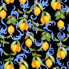 Yellow lemons and sicilian ornament seamless watercolor pattern. Mediterranean print for fabric and wallpaper. Italian summer style.