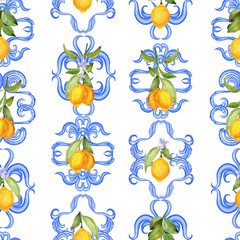 Obraz na płótnie Canvas Yellow lemons and sicilian ornament seamless watercolor pattern. Mediterranean print for fabric and wallpaper. Italian summer style.