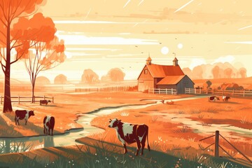 Cows grazing on a farm with sunlight, farm landscape illustration with generative ai
