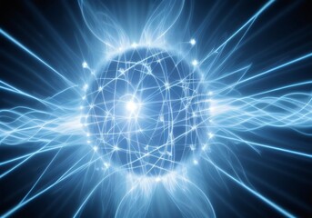 Naklejka premium Photon, quantum, particle of light. Light and particle interplay on subject of science, education, computing and modern technology. Created with generative AI tools