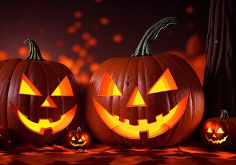 Halloween cute illustrations of pumpkin. Illustration glowing pumpkin on treat or trick fantasy fun party celebration. Created with generative AI tools