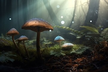 group of mushrooms growing on the forest floor. Generative AI
