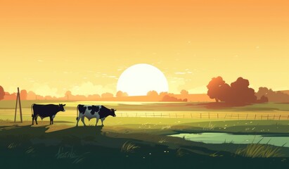 Naklejka na ściany i meble Cows grazing on a farm with sunlight, farm landscape illustration with generative ai