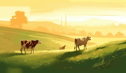 Cows grazing on a farm with sunlight, farm landscape illustration with generative ai