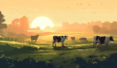 Fotobehang Cows grazing on a farm with sunlight, farm landscape illustration with generative ai © Mustafa