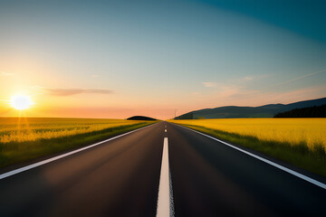 Asphalt road through field